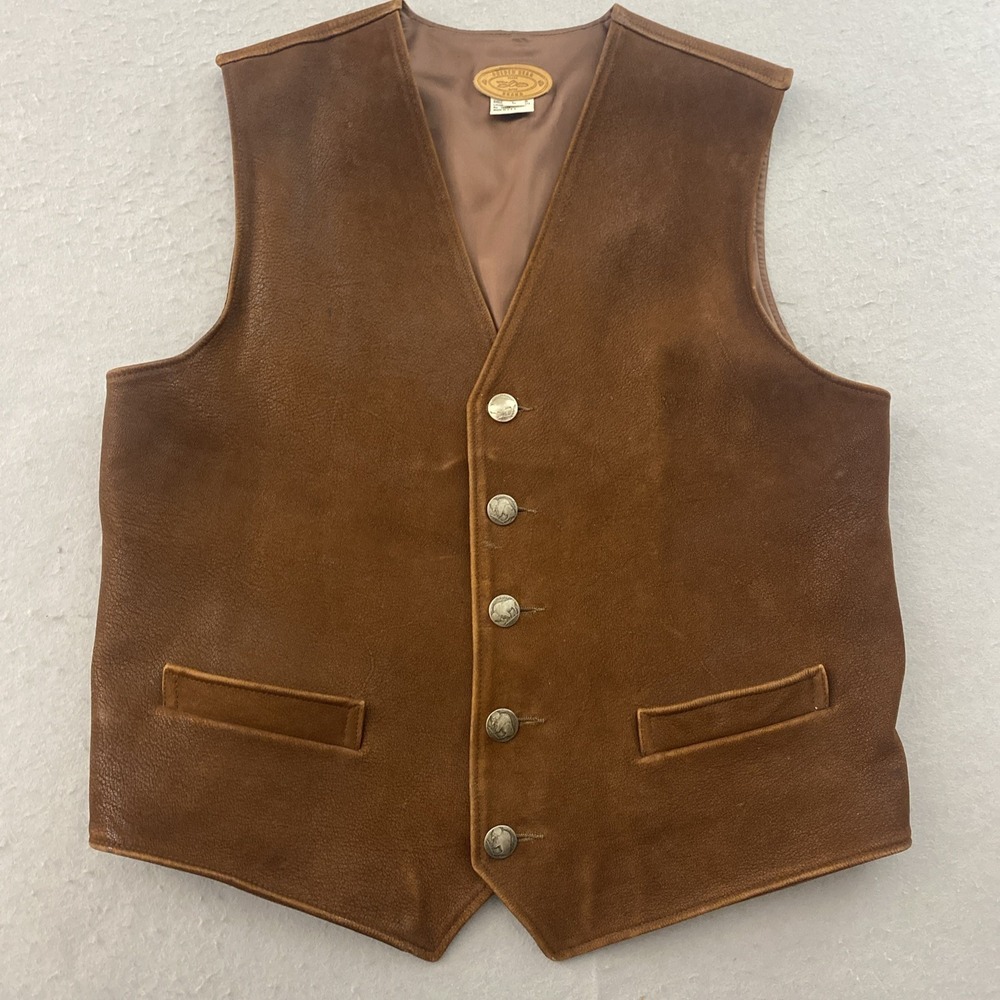 Golden Bear Men's Large Brown Leather Vest 5 Buffalo Button Made In USA Vintage